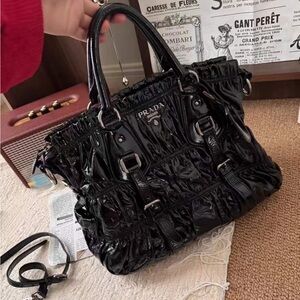 Prada Gaufre Ruched Black Patent Leather Handle Bag